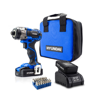 Hyundai HY2177 20V Cordless Impact Driver with 2.0Ah Battery, Charger, Case & 32-Piece Bit Set