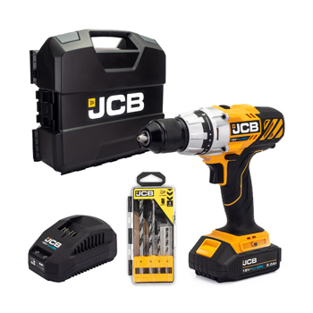 JCB 18V Brushless Cordless Drill Driver with 2.0Ah Battery, Charger, Case & Bit Set