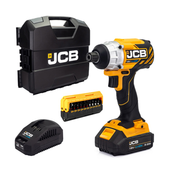 JCB 18V Cordless Impact Driver with 2.0Ah Battery, Charger, Case & Bit Set