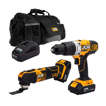 JCB 18V Cordless Combi Drill & Multi-Tool Twin Pack with 2 x 2.0Ah Batteries, Charger & Kit Bag