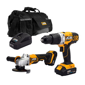 JCB 18V Cordless Combi Drill & Angle Grinder Twin Pack with 2 x 2.0Ah Batteries, Charger & Kit Bag