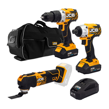 JCB 18V Brushless Cordless 3-Piece Power Tool Kit with 2 x 2.0Ah Batteries, Charger & Wheeled Kit Bag