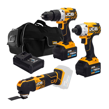 JCB 18V Brushless Cordless 3-Piece Power Tool Kit with 2 x 5.0Ah Batteries, Charger & Wheeled Kit Bag
