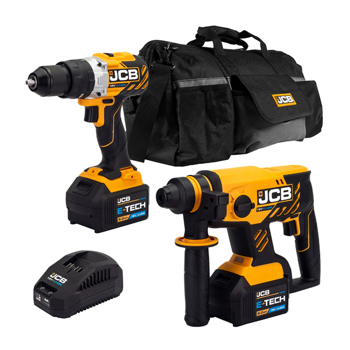 JCB 18V Brushless Cordless Combi Drill & SDS Rotary Hammer Drill Twin Pack with 2 x 5.0Ah Batteries, Charger & Kit Bag
