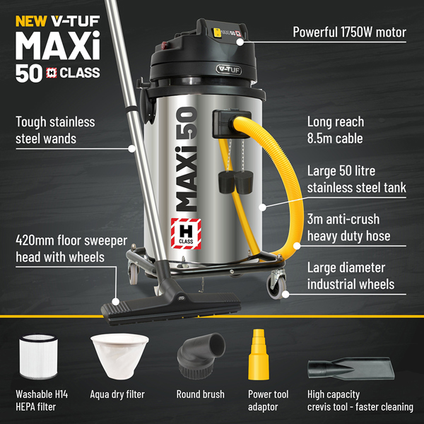 V-TUF H-Class MAXI 50L Dust Extractor Vacuum (110v)