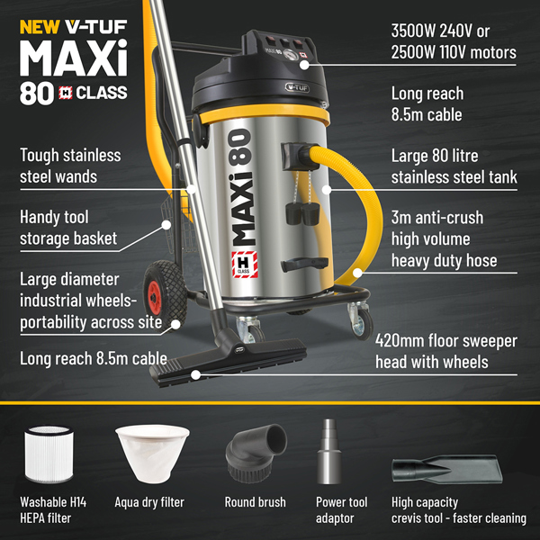 V-TUF H-Class MAXI 80L Dust Extractor Vacuum (110v)