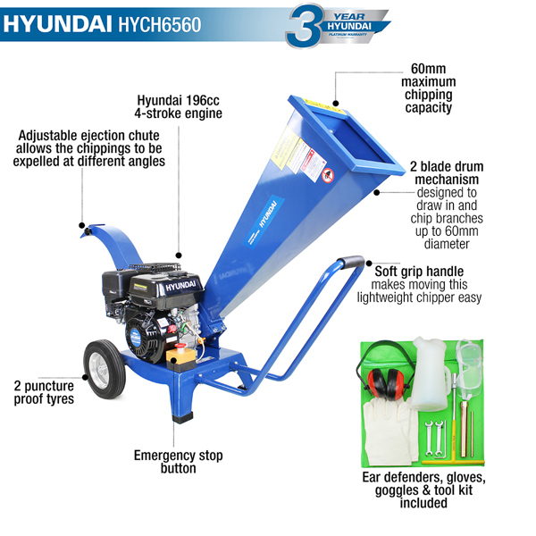 Hyundai HYCH6560 60mm Capacity Petrol 4-Stroke Wood Chipper