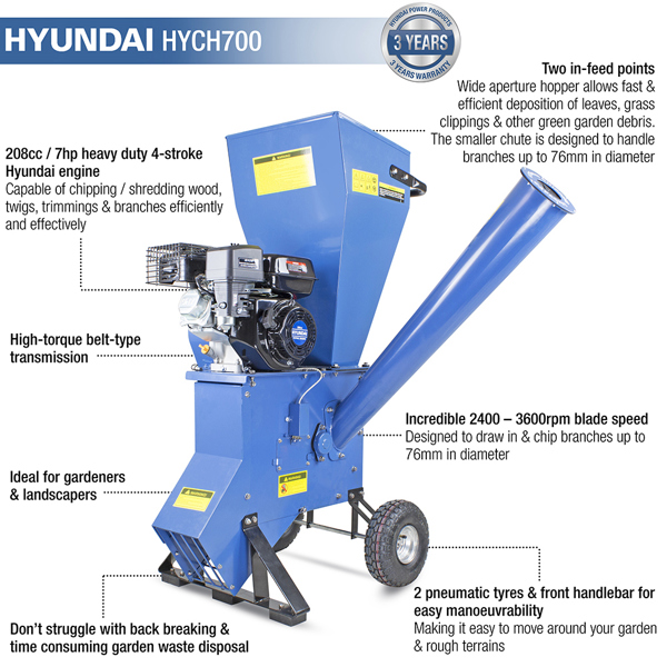 Hyundai HYCH700 76mm Capacity Petrol 4-Stroke Wood Chipper