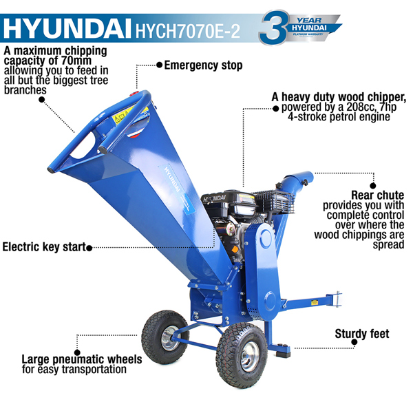 Hyundai HYCH7070E-2 70mm Capacity Petrol 4-Stroke Wood Chipper (Electric Start)