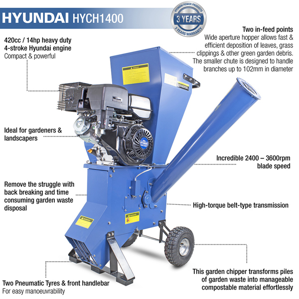 Hyundai HYCH1400 102mm Capacity Petrol 4-Stroke Wood Chipper