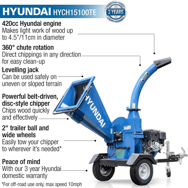 Hyundai HYCH15100TE 110mm Capacity Petrol 4-Stroke Wood Chipper (Electric Start)