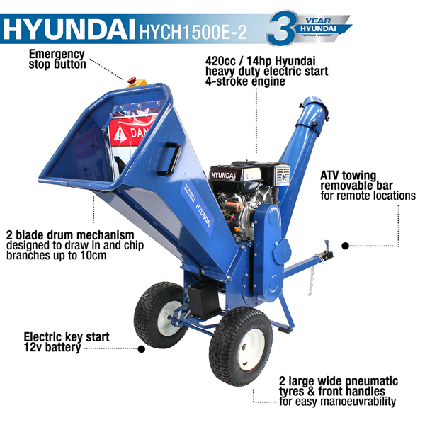 Hyundai HYCH1500E-2 100mm Capacity Petrol 4-Stroke Wood Chipper (Electric Start)