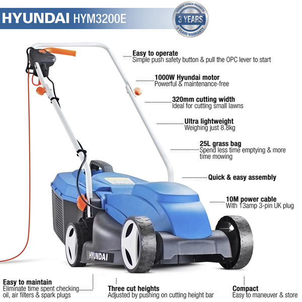 Hyundai HYM3200E 32cm Electric Lawn Mower (Hand Propelled)