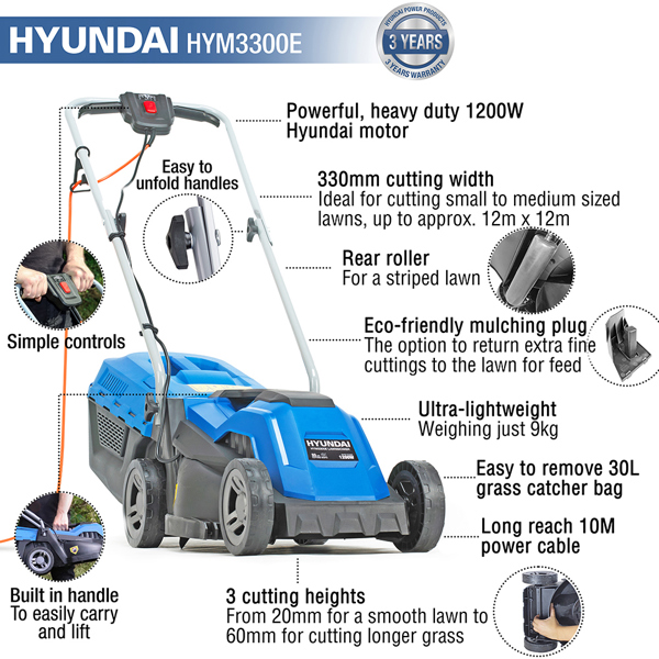 Hyundai HYM3300E 33cm Electric Rear Roller Lawn Mower (Hand Propelled)