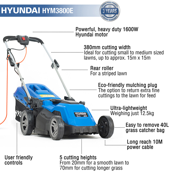 Hyundai HYM3800E 38cm Electric Rear Roller Lawn Mower (Hand Propelled)