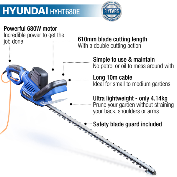 Hyundai HYHT680E 61cm Electric Hedge Trimmer