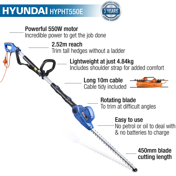 Hyundai HYPHT550E 45cm Electric Long Reach Hedge Trimmer