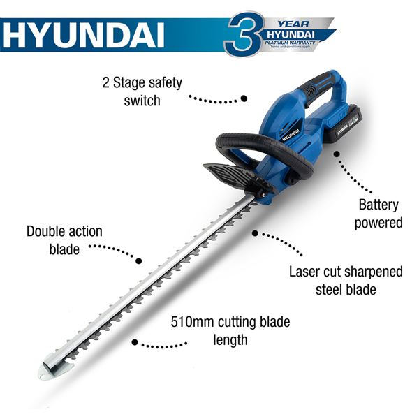 Hyundai HY2188 51cm 20V Cordless Hedge Trimmer with Battery & Charger