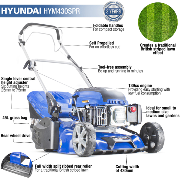 Hyundai HY430SPR 43cm 4-Stroke Petrol Rear Roller Lawn Mower (Self Propelled)