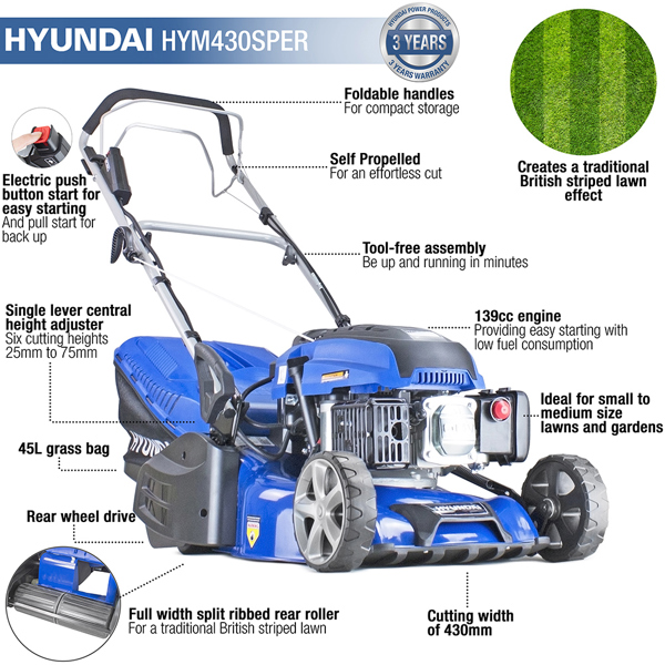 Hyundai HY430SPER 43cm 4-Stroke Petrol Rear Roller Lawn Mower (Self Propelled)