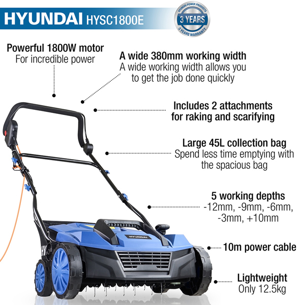 Hyundai HYSC1800E 38cm Electric Aerator & Scarifier