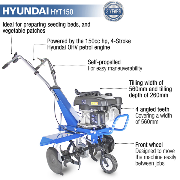 Hyundai HYT150 56cm 4-Stroke Petrol Tiller & Cultivator