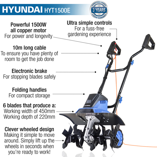 Hyundai HYT1500E 45cm Electric Tiller & Cultivator