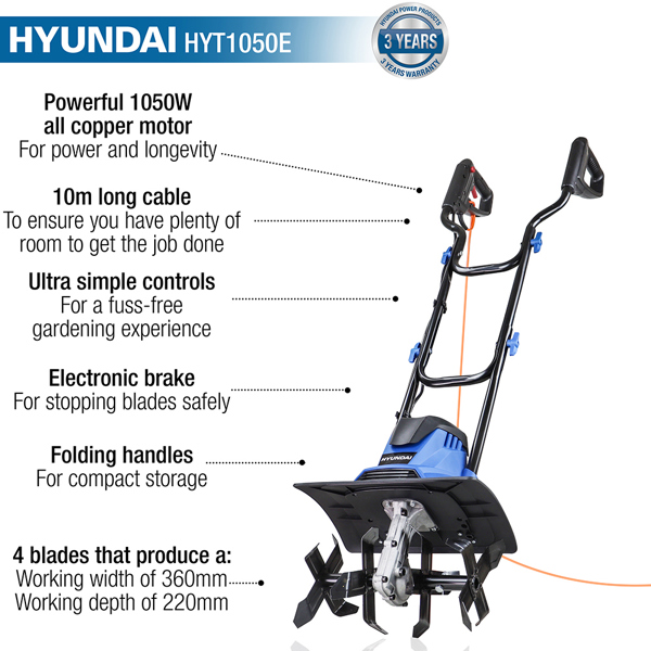 Hyundai HYT1050E 36cm Electric Tiller & Cultivator