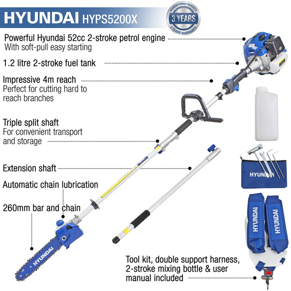 Hyundai HYPS5200X 26cm Long Reach Petrol Pole Saw