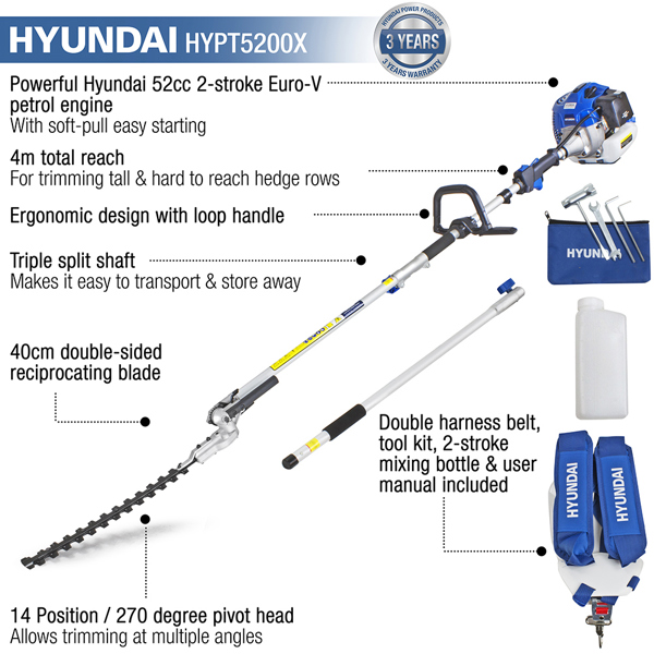 Hyundai HYPT5200X 42.5cm Long Reach Petrol Hedge Trimmer