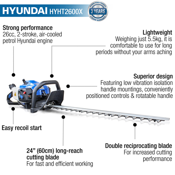 Hyundai HYHT2600X 60cm Petrol Hedge Trimmer