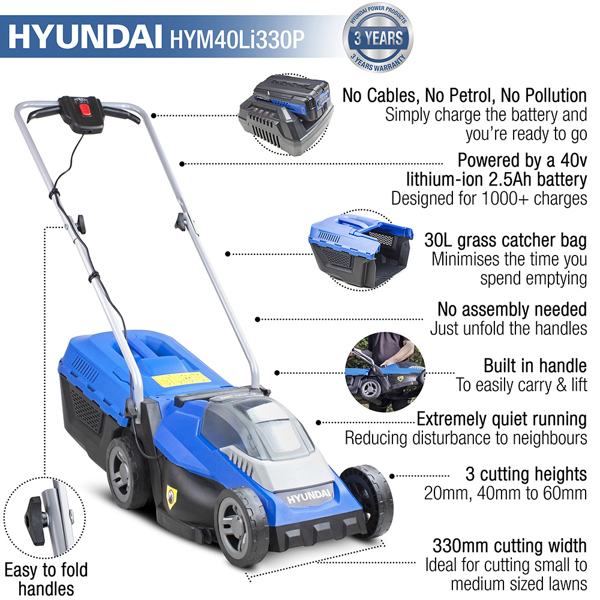 Hyundai HYM40Li330P 33cm 40V Cordless Rear Roller Lawn Mower with Battery & Charger (Hand Propelled)