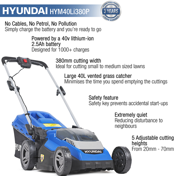 Hyundai HYM40Li380P 38cm 40V Cordless Rear Roller Lawn Mower with Battery & Charger (Hand Propelled)