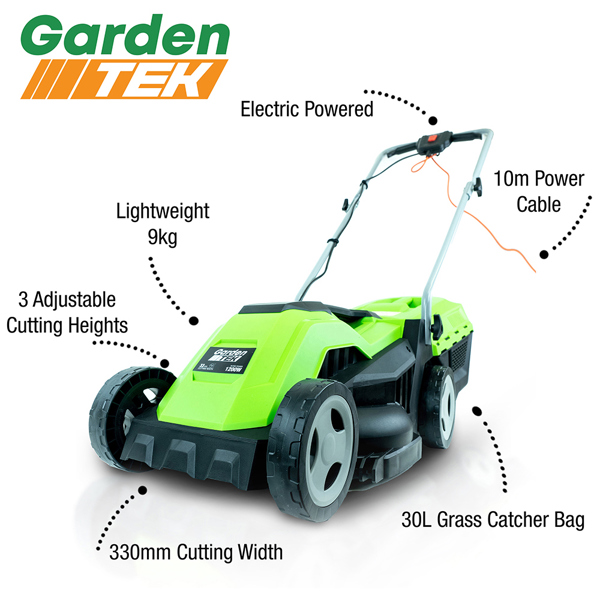 GardenTek GT33E 33cm Rear Roller Electric Lawn Mower (Hand Propelled)