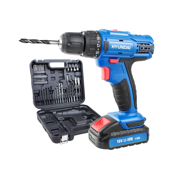 Hyundai HY2175 18V Cordless Drill with 1.5Ah Battery, Charger, Case & 54-Piece Accessory Kit