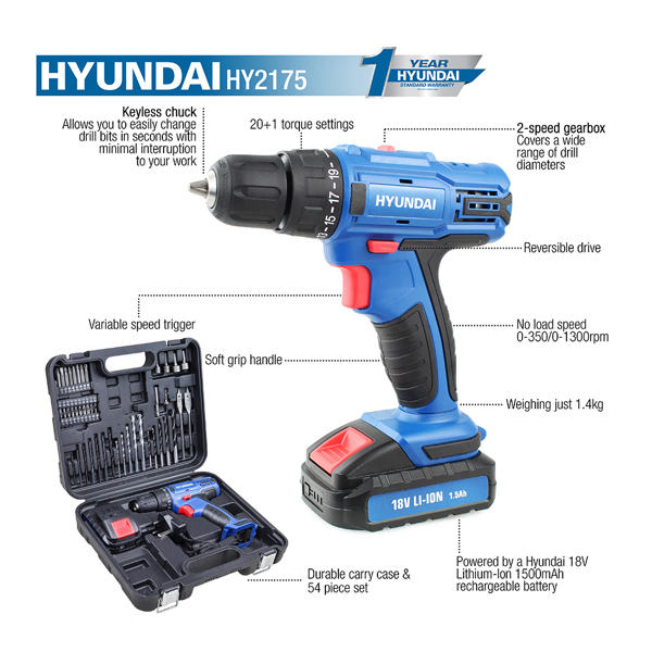 Hyundai HY2175 18V Cordless Drill with 1.5Ah Battery, Charger, Case & 54-Piece Accessory Kit