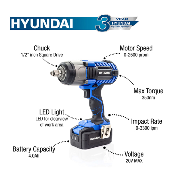 Hyundai HY2178 20V Cordless Impact Wrench with 4.0Ah Battery, Charger & Case