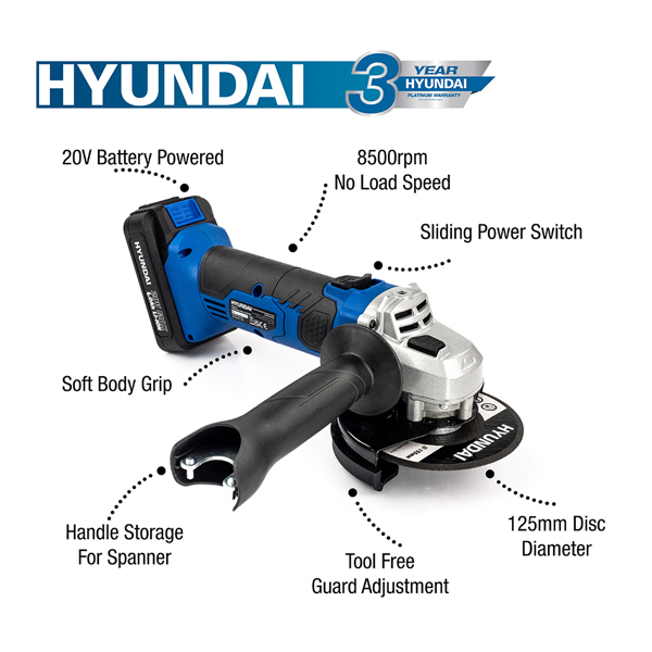 Hyundai HY2179 20V Cordless Angle Grinder with 4.0Ah Battery & Charger