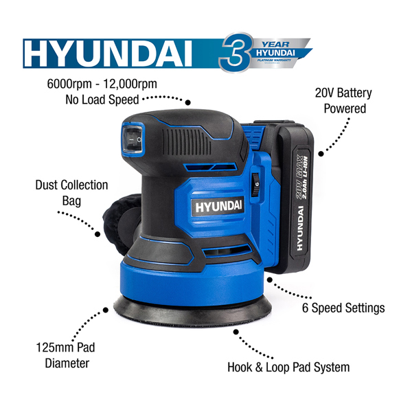 Hyundai HY2180 20V Cordless Rotary Sander with 2.0Ah Battery & Charger