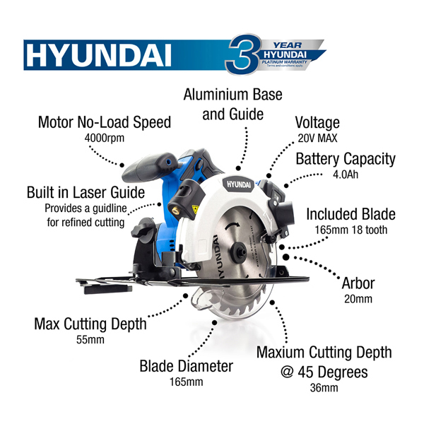 Hyundai HY2183 20V Cordless Circular Saw with 4.0Ah Battery & Charger