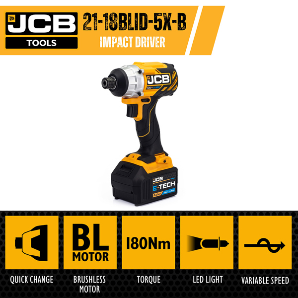 JCB 18V Brushless Cordless Impact Driver with 5.0Ah Battery & Charger