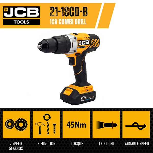 JCB 18V Cordless Combi Drill with 2.0Ah Battery & Charger