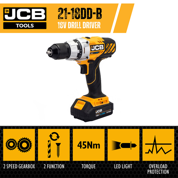 JCB 18V Cordless Drill Driver with 2.0Ah Battery & Charger