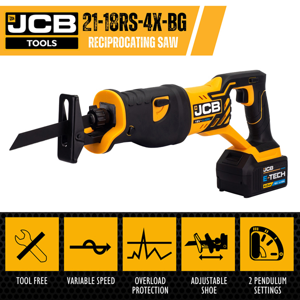 JCB 18V Cordless Reciprocating Saw with 4.0Ah Battery, Charger & Kit Bag