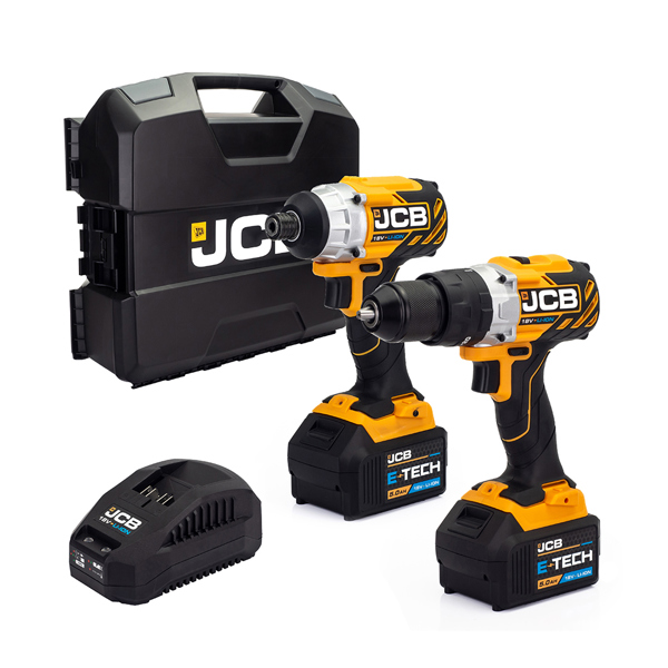 JCB 18V Brushless Cordless Combi Drill & Impact Driver Twin Pack with 2 x 5.0Ah Batteries, Charger & Case