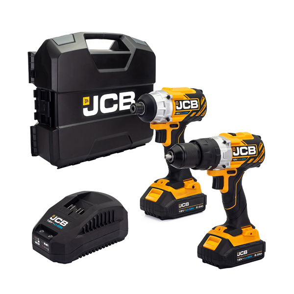 JCB 18V Brushless Cordless Combi Drill & Impact Driver Twin Pack with 2 x 2.0Ah Batteries, Charger & Case