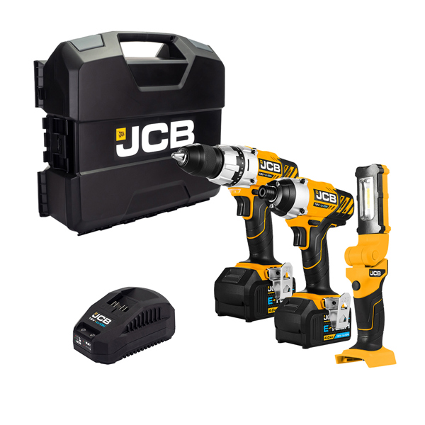 JCB 18V Cordless Drill Driver & Impact Driver Twin Pack with LED Inspection Light, 2 x 4.0Ah Batteries, Charger & Case