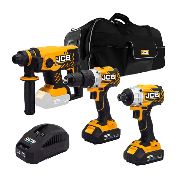 JCB 18V Brushless Cordless 3-Piece Power Tool Kit with 2 x 2.0Ah Batteries, Charger & Kit Bag