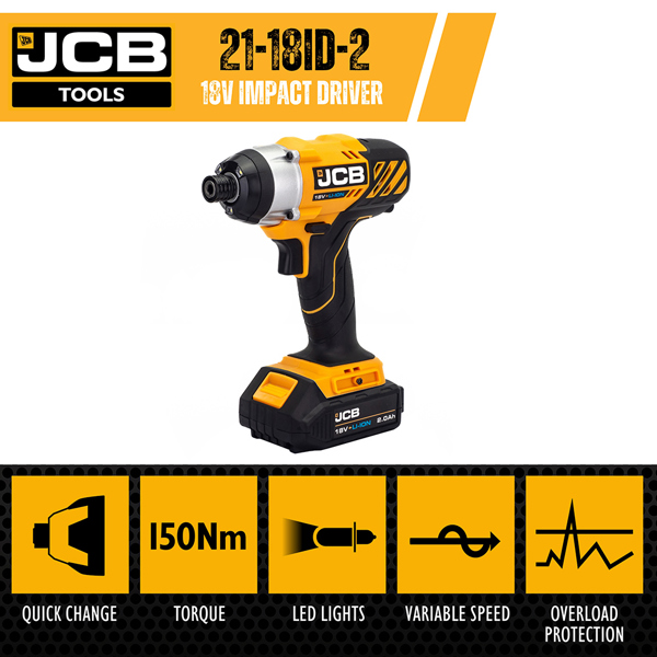 JCB 18V Cordless Impact Driver with 2.0Ah Battery & Charger