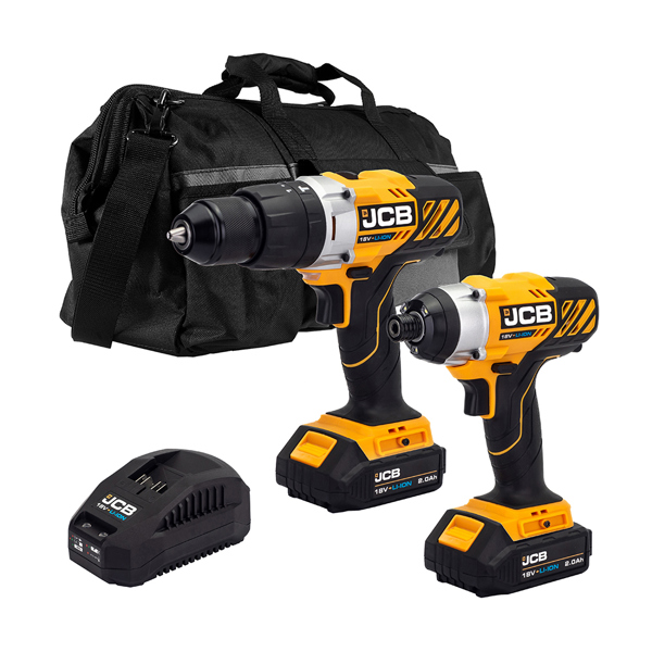 JCB 18V Cordless Combi Drill & Impact Driver Twin Pack with 2 x 2.0Ah Batteries, Charger & Kit Bag